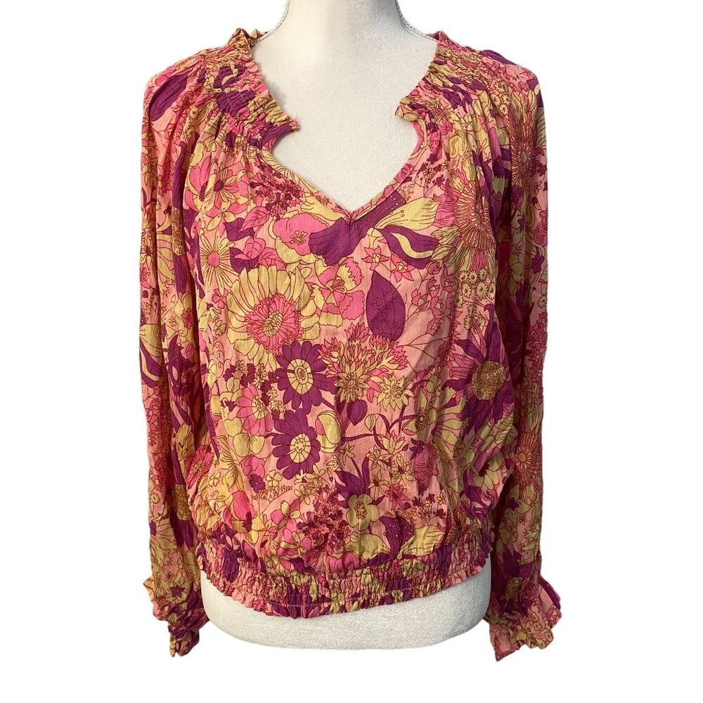 Pink Lily Floral Gauze Peasant Top Women L Pink Flowy Sleeve Boho Retro Smocked